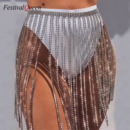 Glitter Rhinestone Long Borla Joya Faldas Crystal Diamonds Fringe Ajustable Sexy Mujeres Summer Beach Bikini Mini Falda 240328