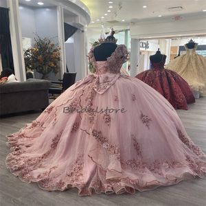 Glitter Rose Pink Quinceanera -jurk 2023 Mexicaanse kant Bloemen Zoet 15 jurk met grote boog pailletten prom Vestidos de para xv verjaardagsfeestje debutante Vestios 15 anos