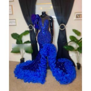 Glitter Royal Blue Beaded Long Prom Dress for Black Girls 2024 Slit Ruches Birthday Party Jurken Mermaid Evening Jurk Es Es Es