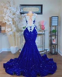 Glitter Royal Blue à paillettes Sircaid Robes Prom Prom Appliques en dentelle en perle Illusion V-col