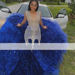 Paillettes bleu royal paillettes sirène robes de soirée de bal 2024 sexy sans noir, plus la taille balayage train anniversaire robes de soirée