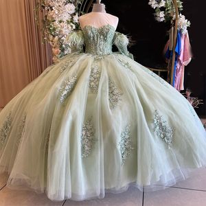 Robe De Quinceanera vert sauge à paillettes, robe De bal en dentelle, tulle perlé avec nœud, Corset, douce 16 robes De 15 ans