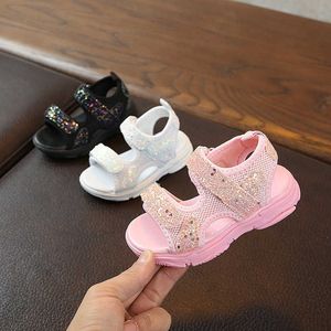 Glitter Sandalen voor Meisjes Zomer Ademend Open Teen Strandschoenen Zachte Bodem Haak Loop Mesh Kids Sandaal E02166 210712