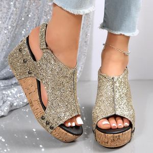 Sandales scintillantes Gold Sier Chunky Platform Femme Summer Peep Toe Cendages Sandles femme rétro S2