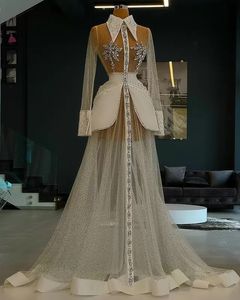 Purpurina transparente de tul vestidos de noche formales 2022 con mangas largas con cuentas Sexy de talla grande vestidos de desfile de graduación de celebridades