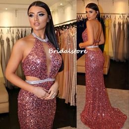 Glitter Sequin Mermaid Evening Dresses 2022 Halter Sleeveless Sexy Backless Prom Dress Sparkle Dinner Party Women Reception Wear Robe De Soirée Femme Vestidos Noche