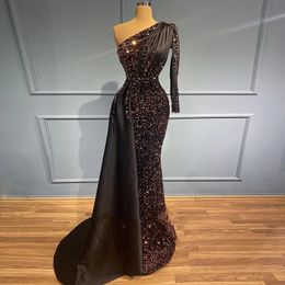 Paillettes paillettes sirène une épaule robe de soirée musulmane manches longues 2022 luxe Abaya Dubai arabe arabe robe de bal