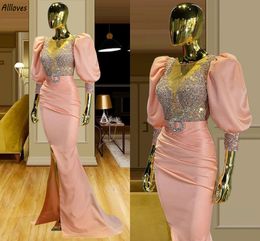 Paillettes paillettes cristaux robes de soirée formelles pour les femmes manches bouffantes rose clair élégant satin robes de soirée de bal sexy fendue sirène deuxième robe de réception CL3437