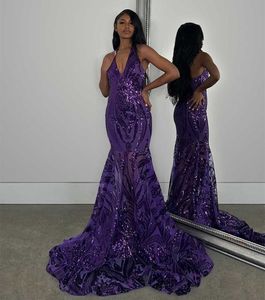 Robes de bal sirène pailletées pailletées sexy licou dos nu longues robes de soirée violettes pour filles noires sans manches robe d'occasion spéciale tenue de soirée 2024