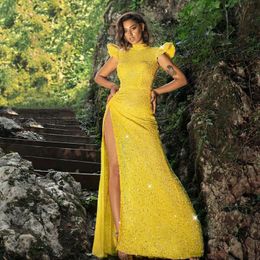 Glitter Sequined Prom Dresses Yellow High Collar Korte Mouw Mermaid Avondjurken Pailletten Split Formele Custom Made Dress