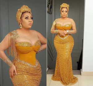 Glitter Pailletten Kralen Lange Mouw Prom Jurken 2022 Luxe Afrikaanse Aso EBI Gold Mermaid Sheer Crew Neck Avondjurk Plus Size