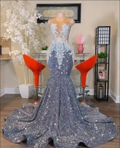 Glitter Sier 2024 Mermaid Prom Dresses Sheer Hals Applique Crystal Kralen Pailletten Party Avondjurken Gewaad 0222