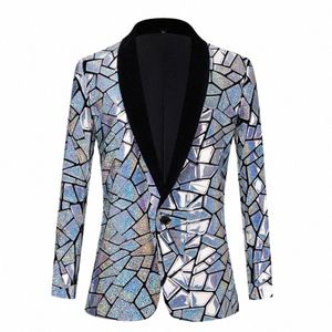 Glitter Sier Laser Mirror Blazer Coat Male Bar Nightclub Cantante Etapa Rendimiento Lentejuelas Traje Chaqueta Banquete Fiesta Tuxedo 283n #