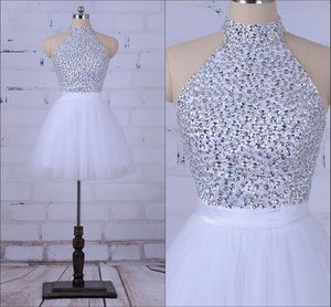 Glitter Silver Beaded Lentejuelas Vestidos cortos de fiesta de graduación 2020 Imagen real Cuello alto Ojo de cerradura Sin respaldo Tul Graduación Vestido de fiesta de cóctel