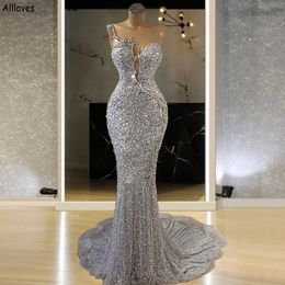 Glitter Zilver Kant Zeemeermin Avondjurken Pure Hals Lovertjes Kralen Speciale Gelegenheid Galajurken Voor Vrouwen Grote Maten Lange Zeemeermin Avond Formele vestidos CL2214