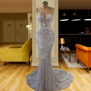 Glitter zilveren kant zeemeermin avondjurken Sheer Jewel Hals Lovertjes Beaded Speciale Gelegenheid Prom-jurken 2021 Plus Size