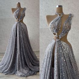 Glitter zilverachtige prom -jurken halter pailletten beading side split feestjurken haute couture op maat gemaakte avondjurk