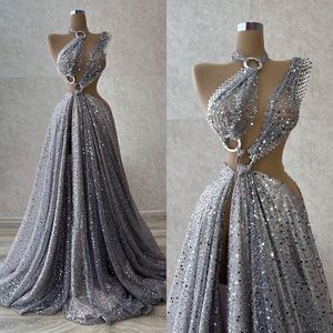 Glitter zilverachtige prom -jurken halter pailletten beading side split feestjurken haute couture op maat gemaakte avondjurk