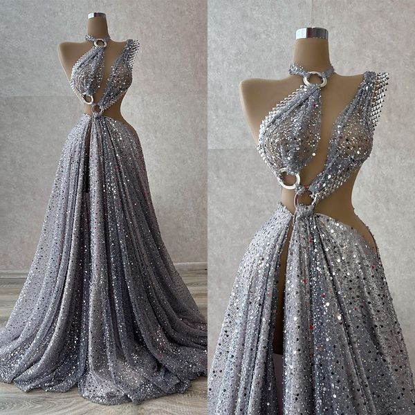 Paillettes argentées robes de bal licou paillettes perles côté fendu robes de soirée Haute Couture robe de soirée sur mesure