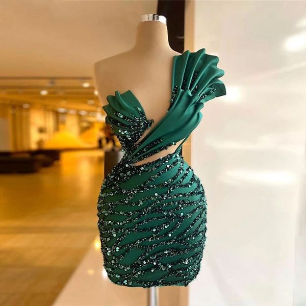 Brillo Brillante Vestidos de fiesta cortos Sexy Cuello en V Un hombro Sin mangas Satén Lentejuelas Apliques Encaje Tallas grandes Vestidos de fiesta formales por encargo