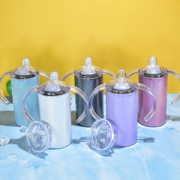 Glitter Sublimation 12oz Gobelets Sippy Tasses avec Deux Couvercles Poignée Blanc Blanc Gobelets Droite Enfant En Acier Inoxydable Double Paroi Isolée Bouteilles Sous Vide DIY En Gros