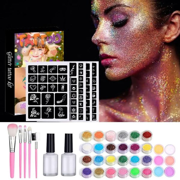 Kits de tatouage à paillettes 30 Couleur 125 modèles Flash diamant pour tatouage temporaire Ensemble pour enfants Paint Body Paint Tools Art Tools Set 240423