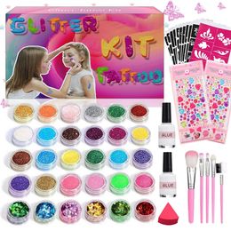 Glitter Tattoo Sjablonen Flash Tijdelijke Tattoo Kits Met Make-Up Kwasten Kinderen Volwassen Gezicht Body Painting Tool Set Kerstcadeaus 240108