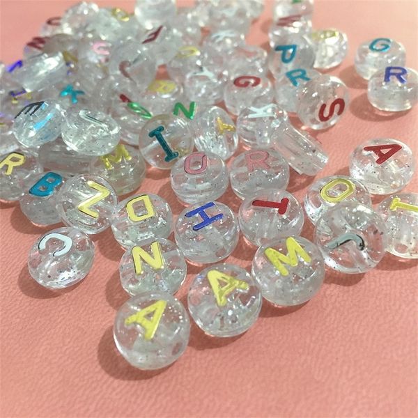 Cuentas de letras acrílicas redondas de estilo transparente con purpurina, 1600 Uds., 6x10mm, joyería de alfabeto de plástico colorido, cuentas iniciales de lucite Y200730