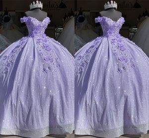 Paillettes Tulle Lilas Prom Quinceanera Robes Avec Des Fleurs Perlées De L'épaule Sweet 16 Robe Puffy Corset Retour Formelle Fête Pageant