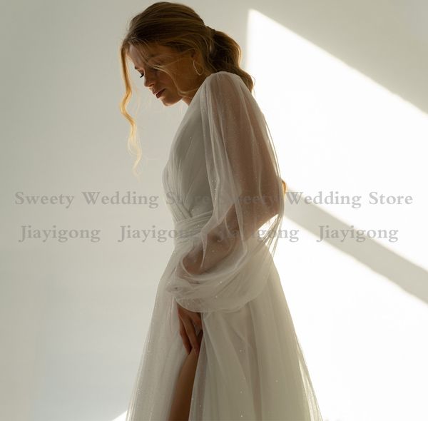 Robe de mariée en Tulle à paillettes, style Boho, manches longues, col en V, plissée, Corset à lacets, 2022288G