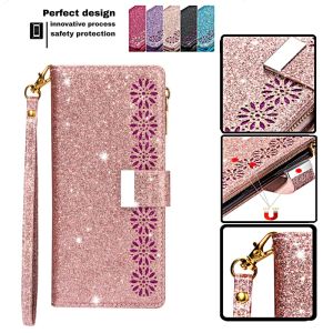 Étui portefeuille magnétique à paillettes en cuir pour iPhone 15 14 11 13 12 Pro Max XS Max XR 8 7 14 Plus, fentes pour cartes, sac portefeuille, support magnétique, housse de téléphone avec dragonne