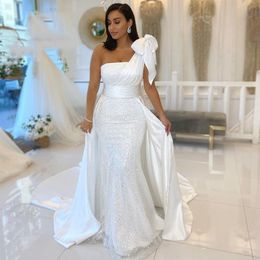 Vestidos de Noche con lentejuelas blancas brillantes con tren desmontable, lazo de un hombro, sirena, vestido de graduación, mujer, novia, ropa de recepción larga 2023