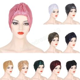 Paillettes Femmes Turban Chemo Cap Plissée Français Tête Wraps Bonnet Musulman Hijab Turbans Africain Inde Chapeau Femme Headtie