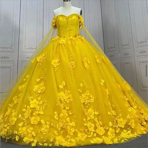 Robes de Quinceanera à paillettes jaunes, avec Cape, avec des Appliques florales 3D, douces 15 robes de bal, Corset au dos, robe de bal