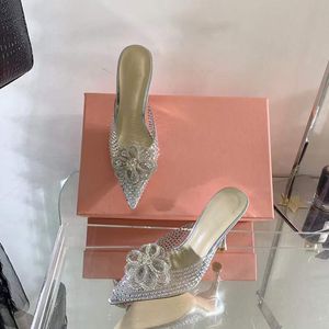 Pantoufles MachMach scintillantes avec cristaux ornés de fleurs, chaussures de soirée de 10cm, strass de luxe, talons aiguilles, chaussures de créateurs de luxe à talons