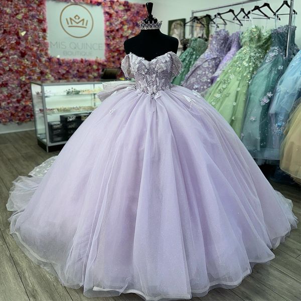 Robes de quinceanera de lavande scintillantes sur les perles de papillon épaule