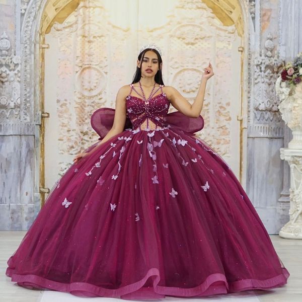 Robe De Quinceanera papillon marron scintillant, avec nœud perlé, épaules dénudées, robe De princesse De bal, 15 ans