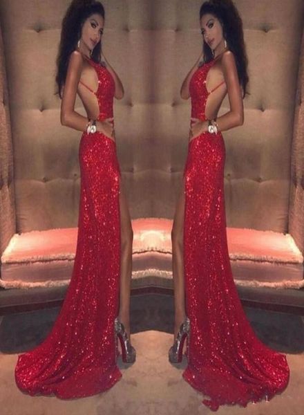 Robe de bal pailletée rouge sirène scintillante 2019 col en V profond ouvert dos nu robe de soirée sexy côté fendu balayage train soirée formelle 8414397