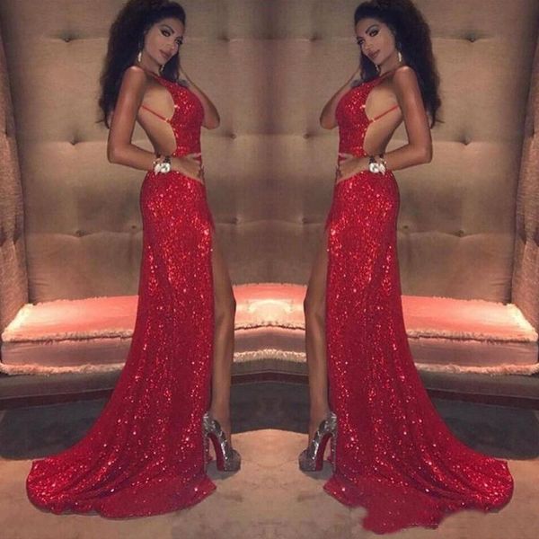 Sirène scintillante rouge paillettes robes de bal 2019 profonde col en v ouvert dos nu robe de soirée sexy côté fendu balayage train robes de soirée formelles