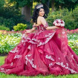 Robes De Quinceanera rouge scintillantes robes De 15 Anos perles florales appliques dentelle princesse robes De fête d'anniversaire Corset
