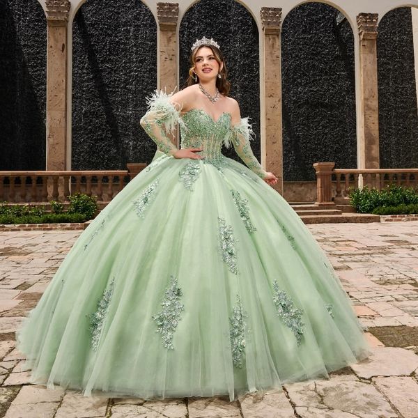 Robe De Quinceanera vert sauge scintillante, épaules dénudées, manches longues, perles appliquées, plumes, robe De bal De 15 ans