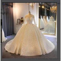 Paillettes scintillantes Robes de mariée de la princesse balle à manches longues à lacets à lacets à lacets de mariée Vestido de noiva 0530