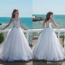 Glitz perlé cristal filles Pageant robes pour les adolescents Tulle étage longueur plage robes de demoiselle d'honneur pour les mariages sur mesure Made294T