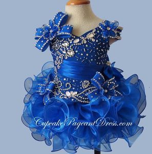 Glitter Crystal Bodice Little Girl Cupcake Pageant Dresses 2020 Nieuwe Royal Blue Short Cascading Ruffles Organza Flower Girls Troags2919