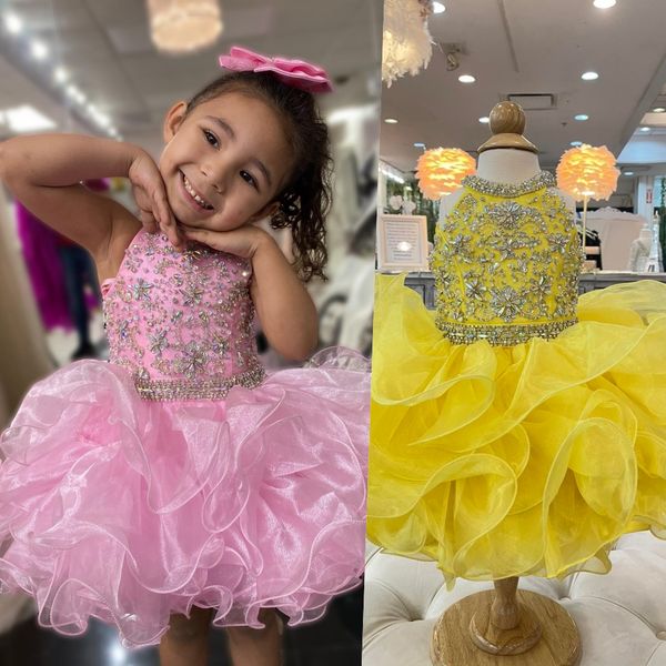 Glitz Cupcake Girl Pageant Dress 2023 Beading Crystal Little Kids Cóctel Rising Star En el escenario Evento formal Fiesta Vestir Vestidos Infant Toddler Flower Girls Pink Yellow