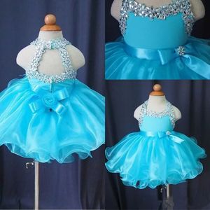 Robes de concours de cupcakes à paillettes pour petites filles, en organza perlé, robes de bal courtes pour enfants, jupe de fête d'anniversaire en cristal bleu clair