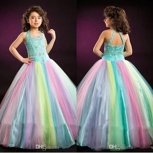 Glittermeisjes regenboog optocht jurken halter nek kristal mouwloze kinderen baljurken vloer lengte tieners prom jurk