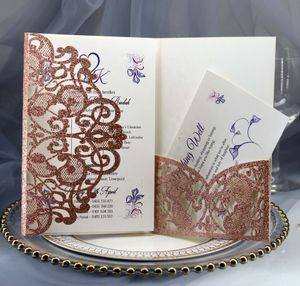 Gllitering Laser Cut Wedding Uitnodigingen OEM in Multi Colors Aangepaste Hollow Vouwen Gepersonaliseerde Huwelijksuitnodiging Kaarten BW-HK119B