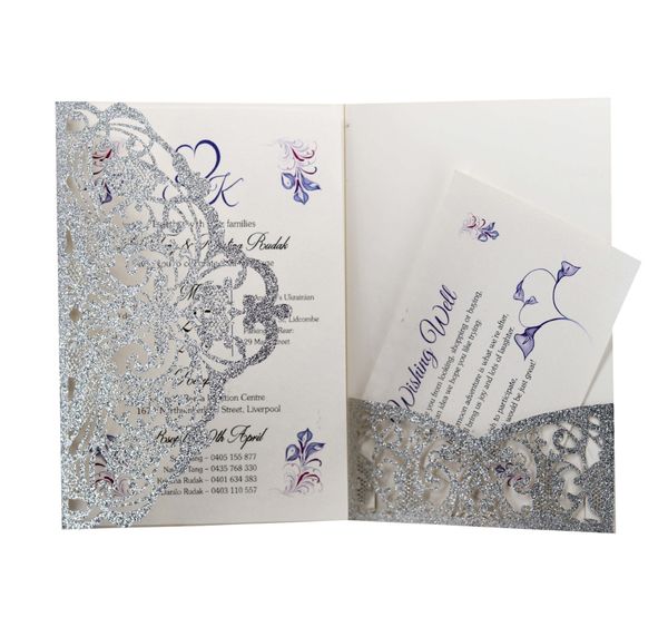 Invitations de mariage de mariage à laser glithering OEM dans des couleurs multi-couleurs Personnalisé Personnalisé Pliant Personnalisé Cartes d'invitation de mariage Personnalisé BW-HK241