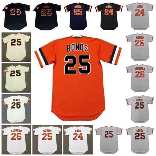 GlnC202 San Francisco Vintage Baseball Jersey 24 WILLIE MAYS 1970 25 BARRY BONDS BOBBY 1969 26 DAVE KINGMAN 1973